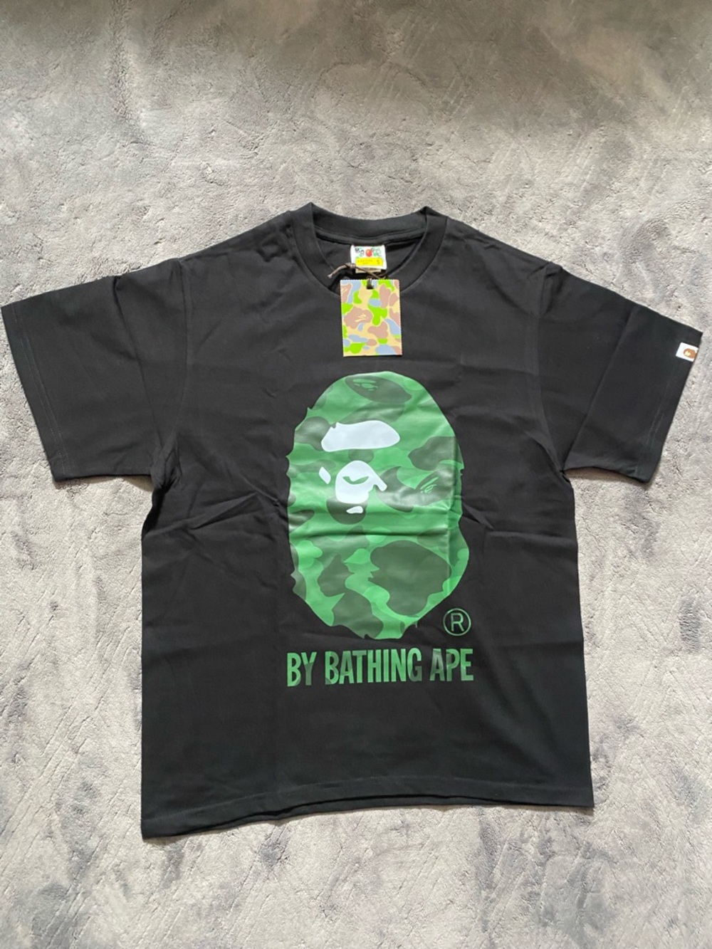 Bape Black Tee with Green Camo Tag